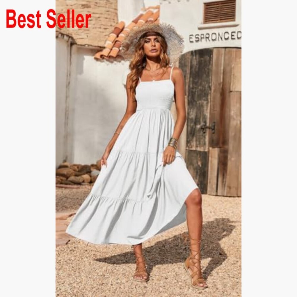 Polyester Maxi Dress with Spaghetti Straps Smocked Bodice Tiered - Picture 3 of 7